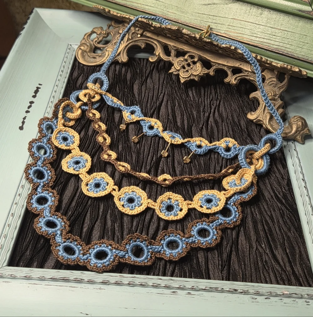 Handcrafted Blue and Gold Crochet Necklace - Picture 3 of 9
